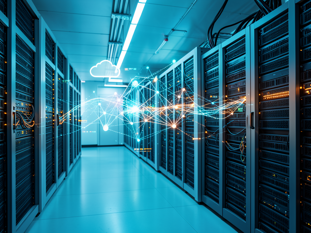 GLM inference infrastructure illustration showing server racks and AI model processing