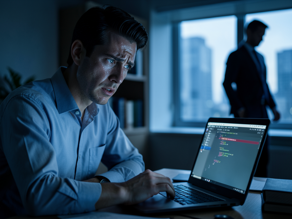 A person in a hoodie typing on a laptop with a magnifying glass icon hovering over the screen, representing cybercrime and jo