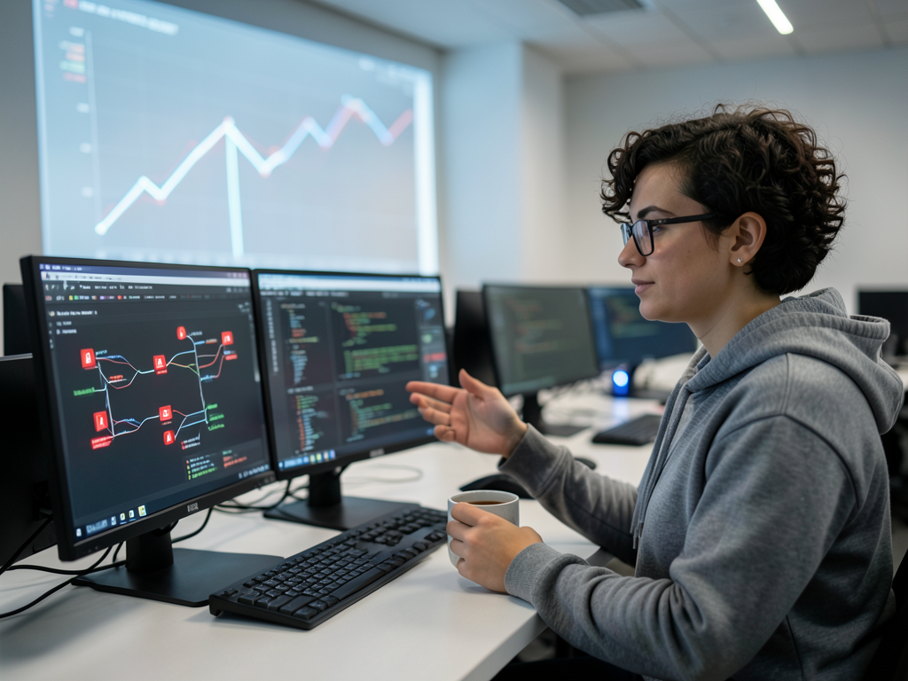 Software developer writing code on a laptop with a CRAP metric report visible on a second monitor.