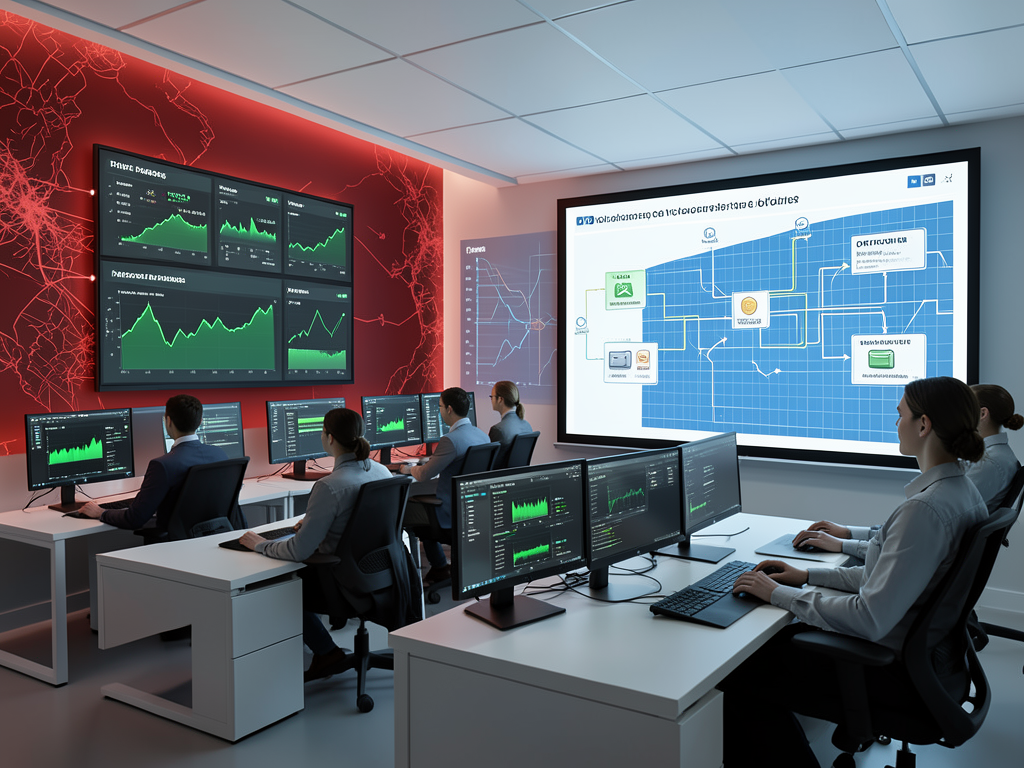 Cybersecurity professionals working calmly at a command center with monitors displaying security status