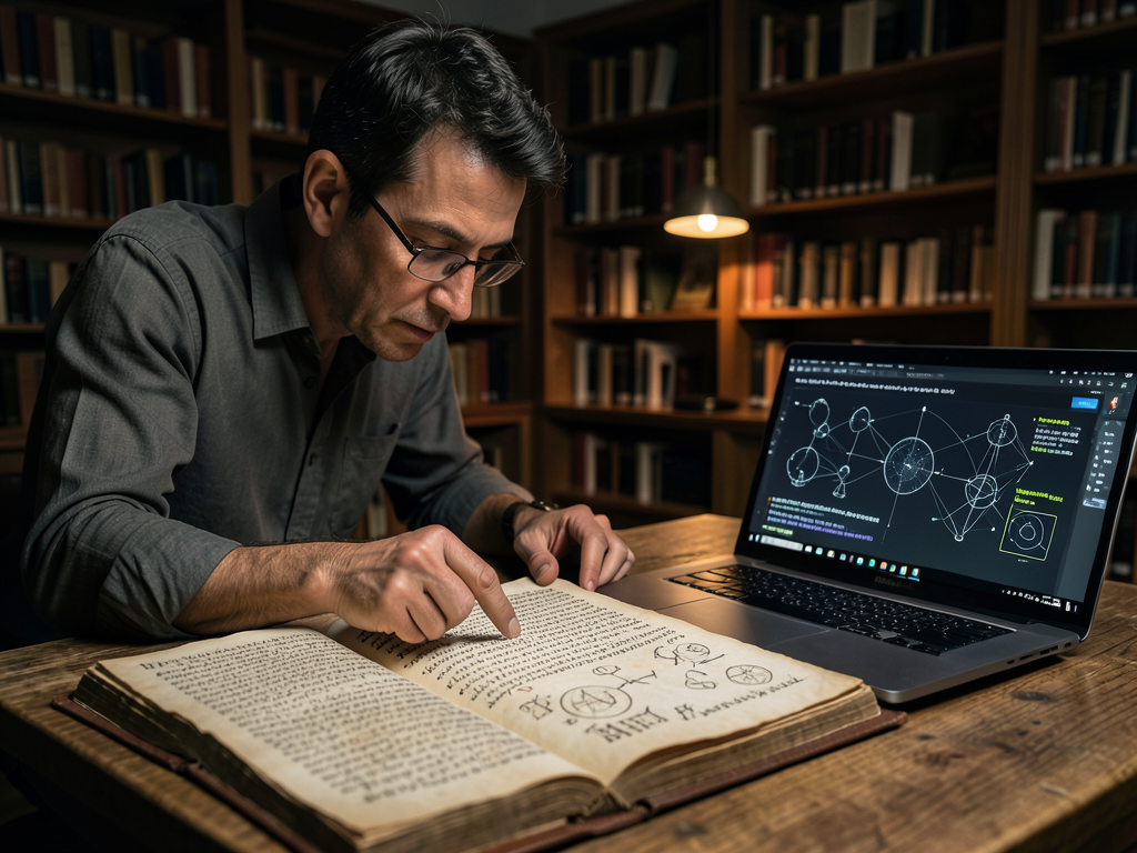 Scholar using AI to analyze an old manuscript on a screen.