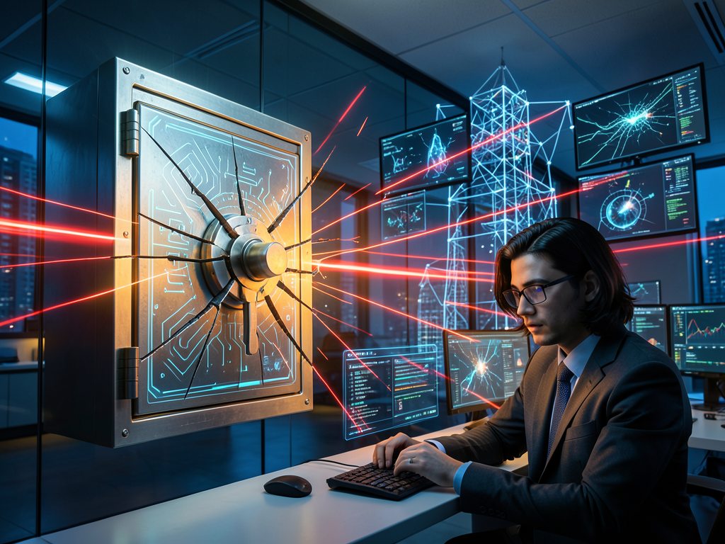 Concept of a digital banking network under cyberattack with AI icons and speed lines representing rapid threat propagation