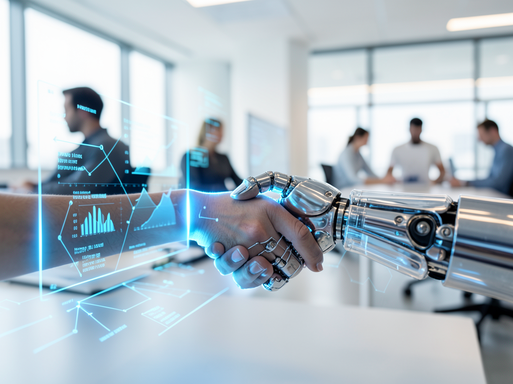Human employee collaborating with AI agent on computer screen in modern office setting