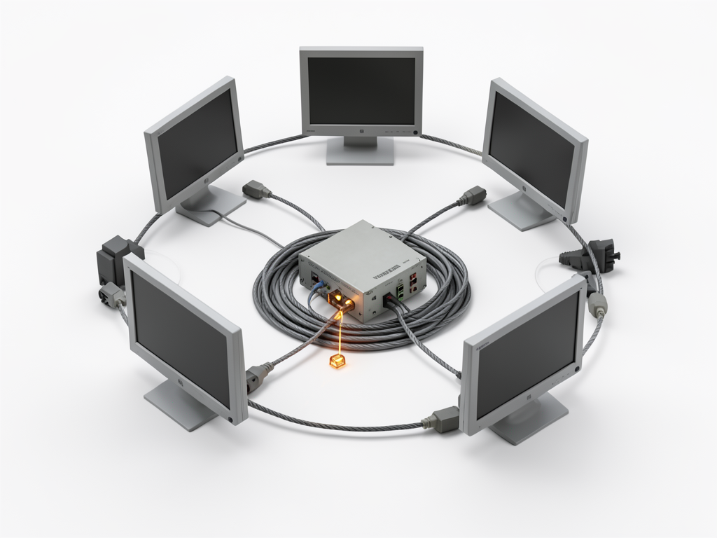 Diagram of a Token Ring network topology with computers connected in a circular arrangement and a token frame passing between