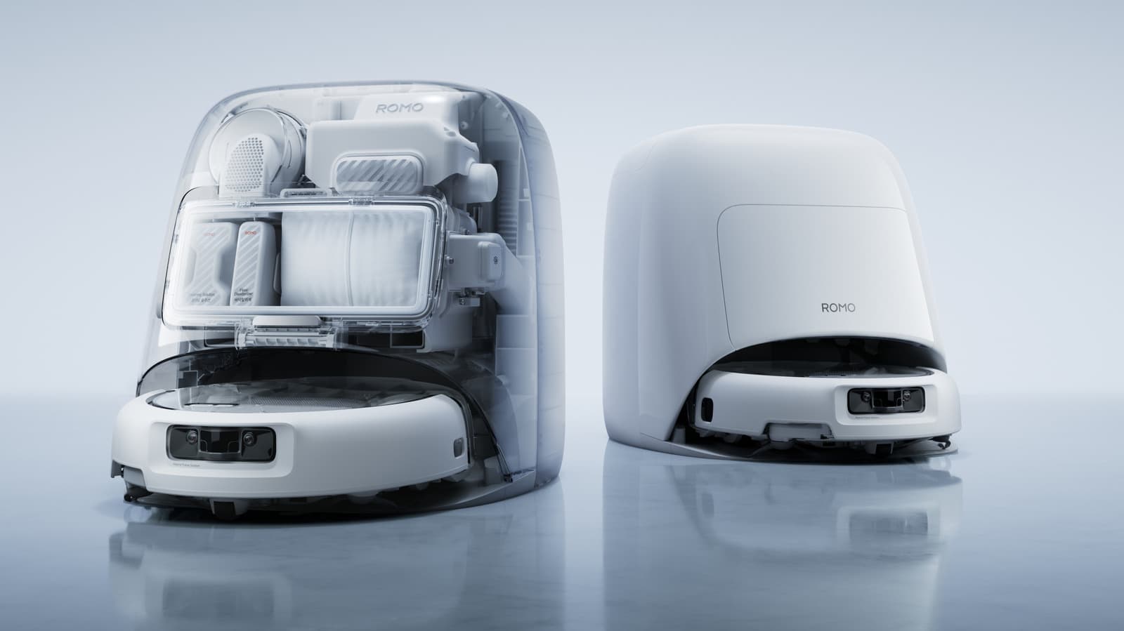 DJI ROMO 2 robot vacuum with LiDAR sensor on a hardwood floor