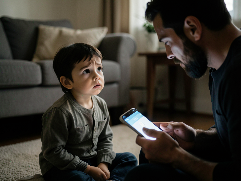 A young child looking at a parent who is focused on a smartphone, illustrating parental distraction