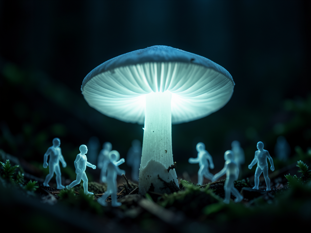 A close-up of a forest mushroom with a digital AI overlay showing chemical analysis data and human perception pathways