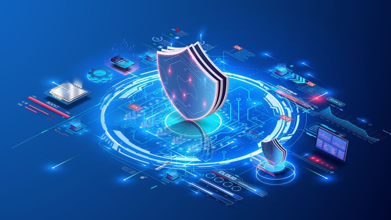 Cybersecurity concept showing digital shield protecting network nodes from glowing red attack vectors