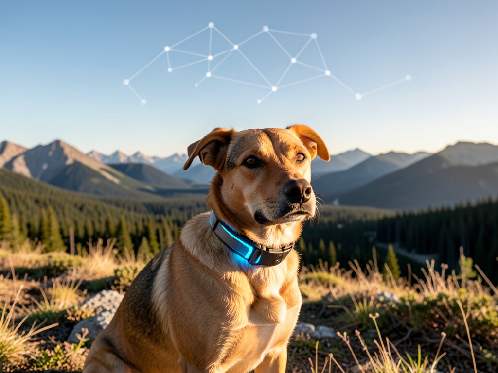 Dog wearing Fi Ultra collar with satellite connectivity symbol