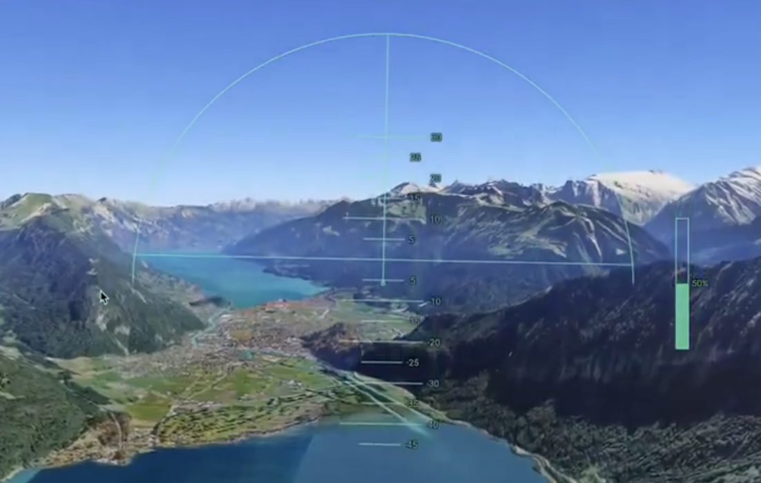 Google Earth flight simulator interface showing an F-16 over a 3D terrain map with airport selection menu