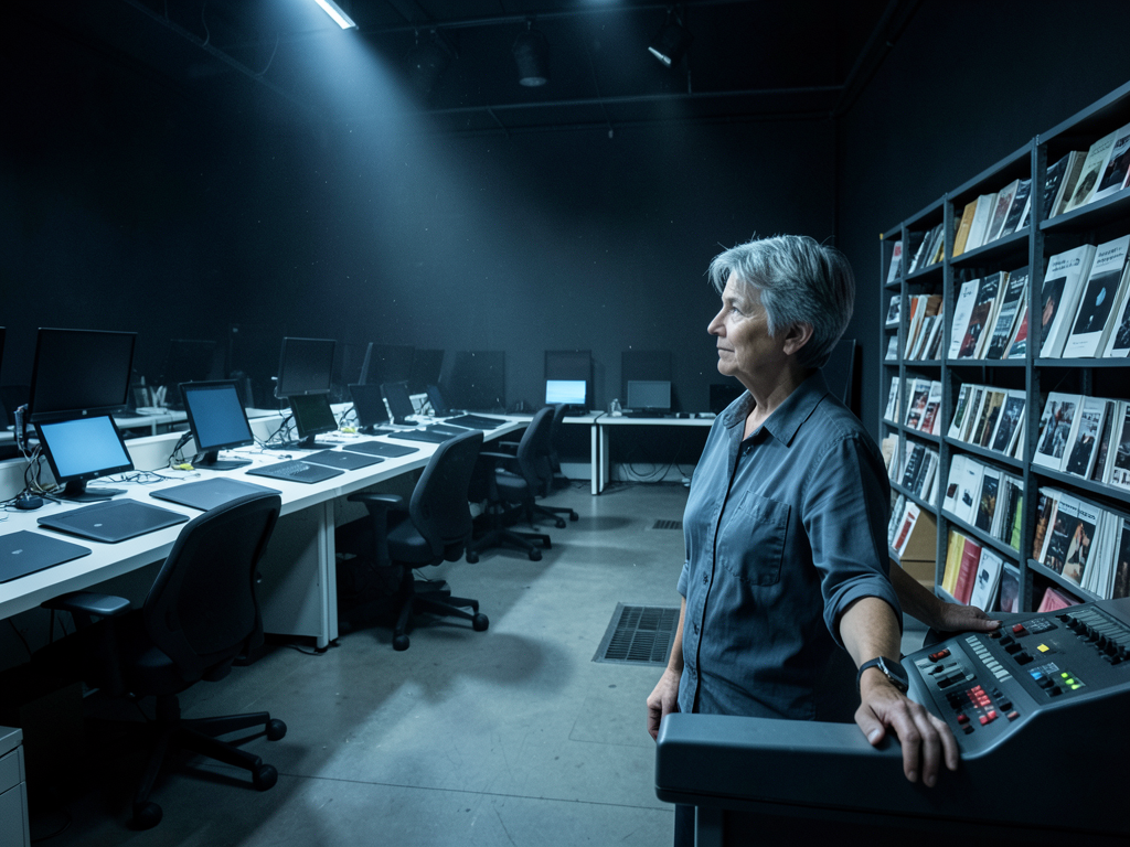 Film editing suite with computer screens showing AI-generated storyboards and script drafts, empty chairs in a production off