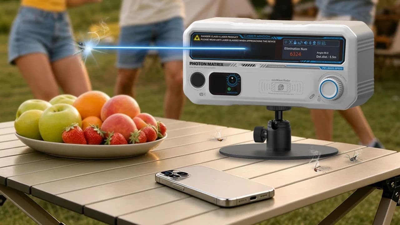 Photon Matrix laser mosquito zapping device with blue laser beam targeting a mosquito