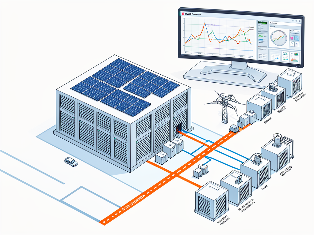 Illustration of an artificial intelligence data center connected to electrical transmission lines