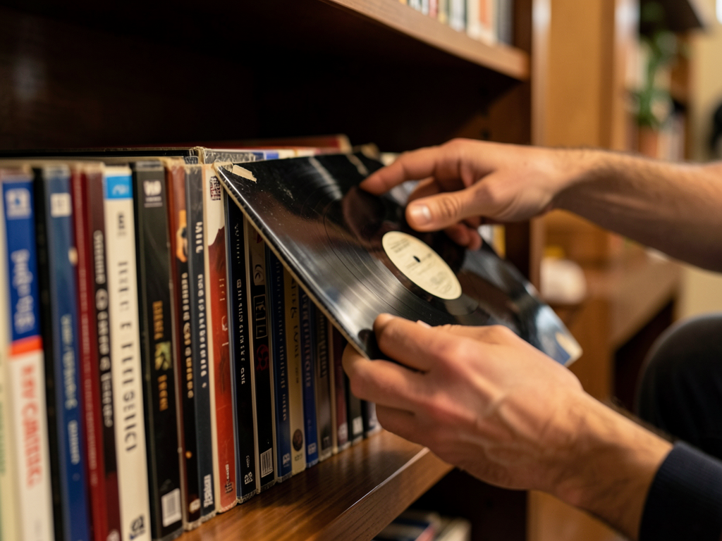 A stack of vinyl records, CDs and DVDs arranged on a shelf, representing the resurgence of physical media against streaming a