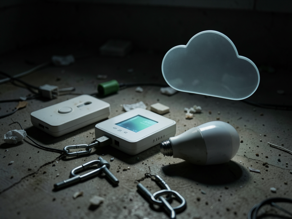 Abandoned smart home devices like a thermostat and hub sitting unused on a shelf