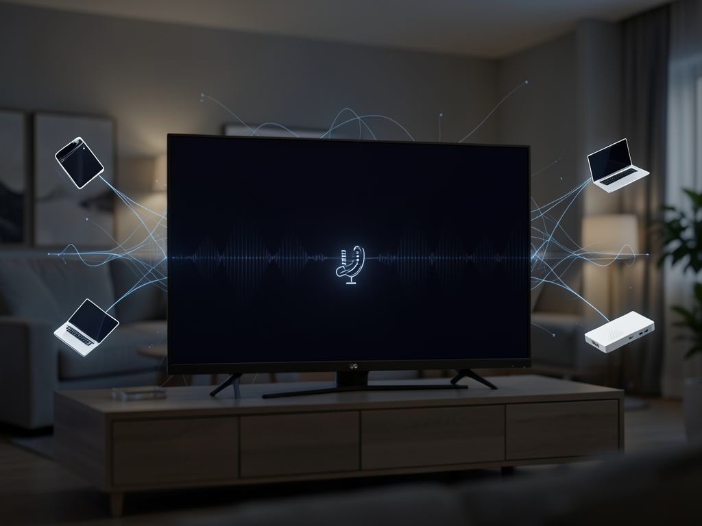 LG smart TV in a living room with a privacy warning icon displayed on the screen