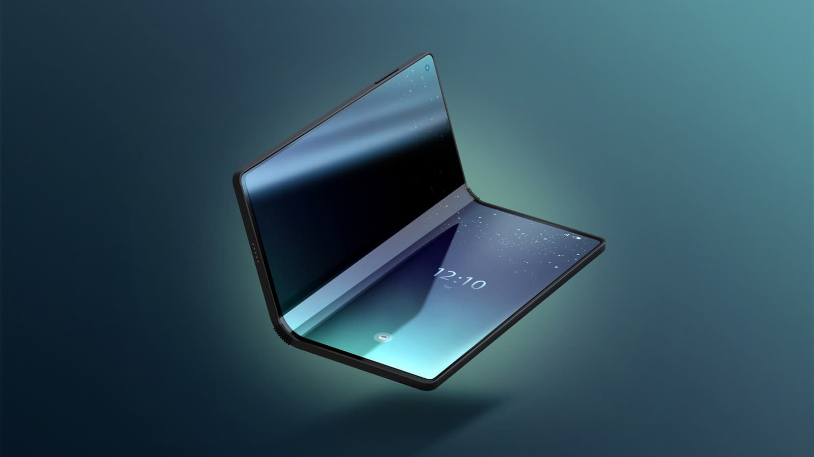 A person holding an open foldable smartphone showing split-screen multitasking with three app windows.