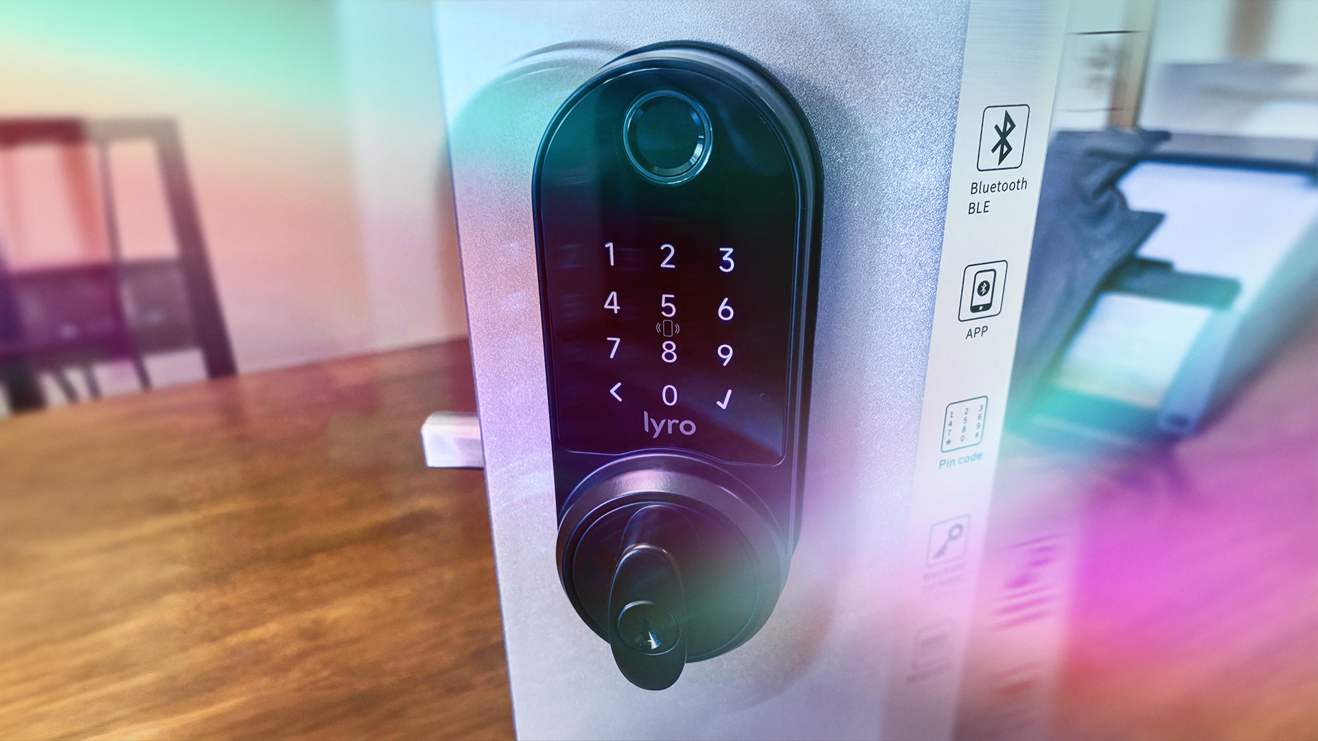 A smart lock on a vacation rental door with a keypad, symbolizing rental property access technology