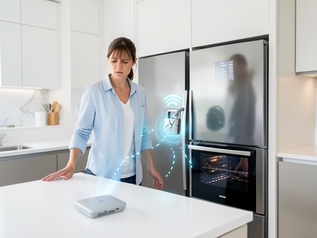 A smart refrigerator display showing error message, symbolizing connectivity issues with home appliances