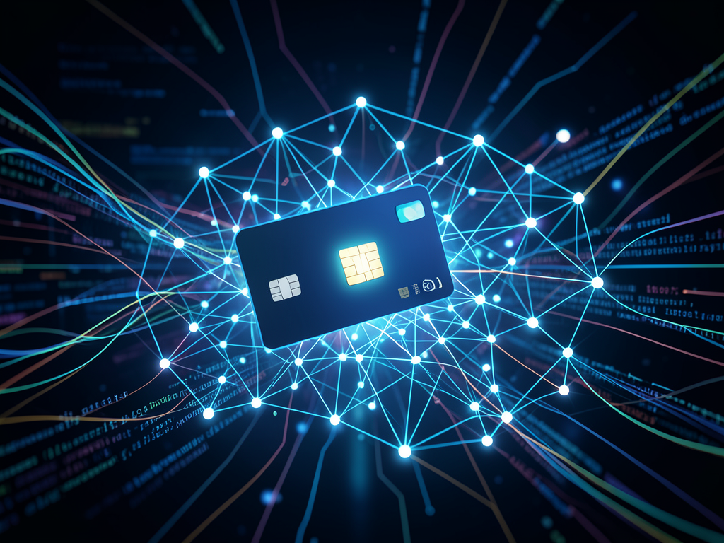 Illustration of a digital payment terminal merging with an AI network symbol