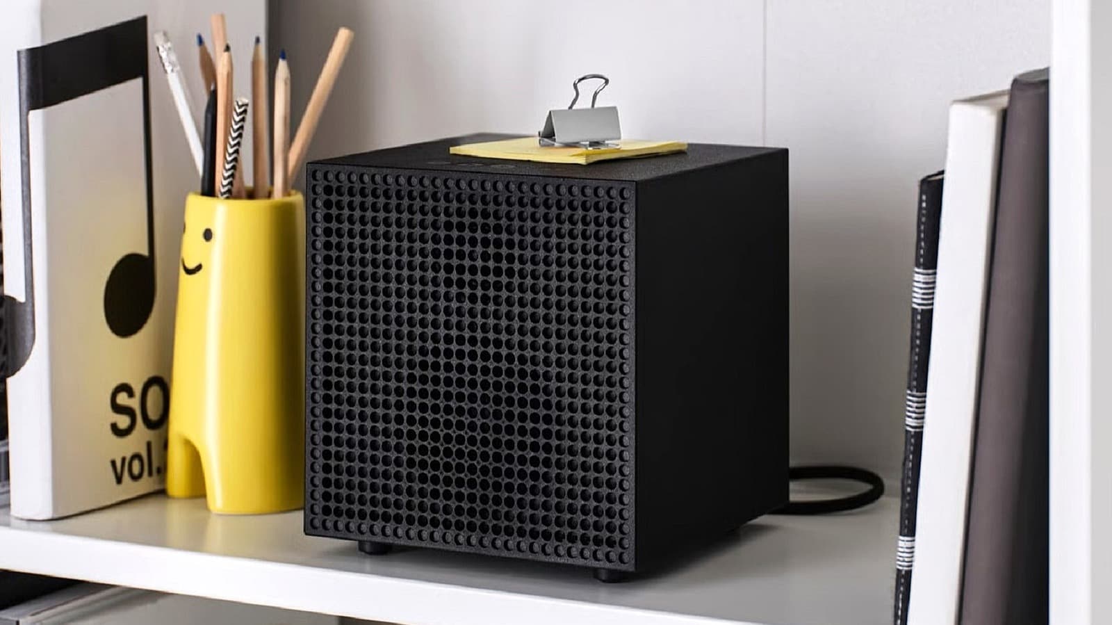 Ikea's new affordable Bluetooth speaker with optical port shown in a home living room setting