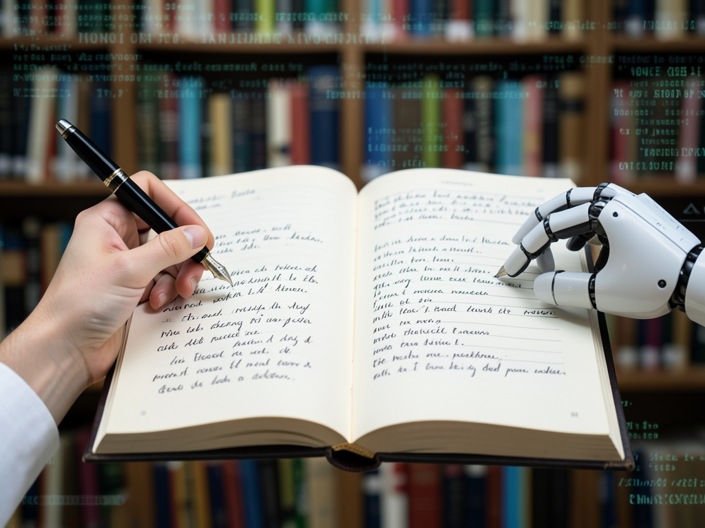 A person reading a book next to a laptop displaying ChatGPT interface, representing the intersection of literature and AI