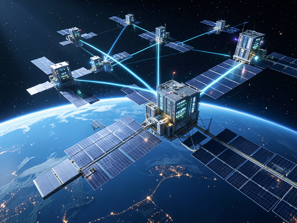 Illustration of a satellite with solar panels and radiators, representing an orbital data center concept