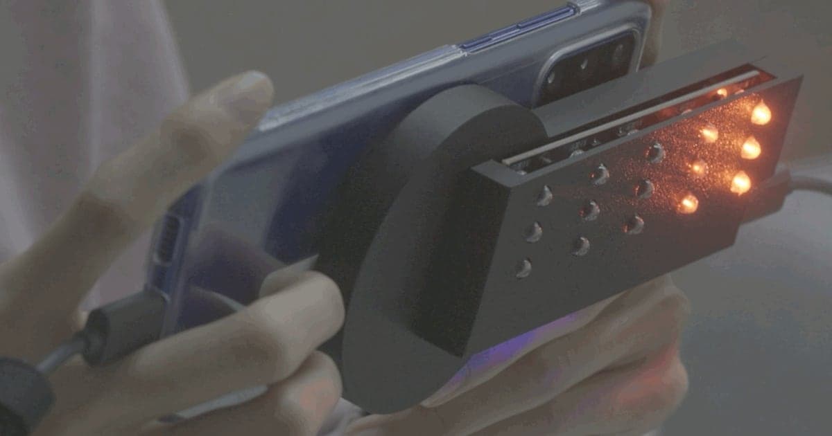 Smartphone with LED flash reflecting off a hidden camera lens in a dark room