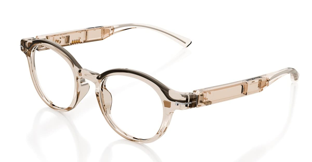 Solos AirGo A6 smart glasses in a clear transparent frame design.