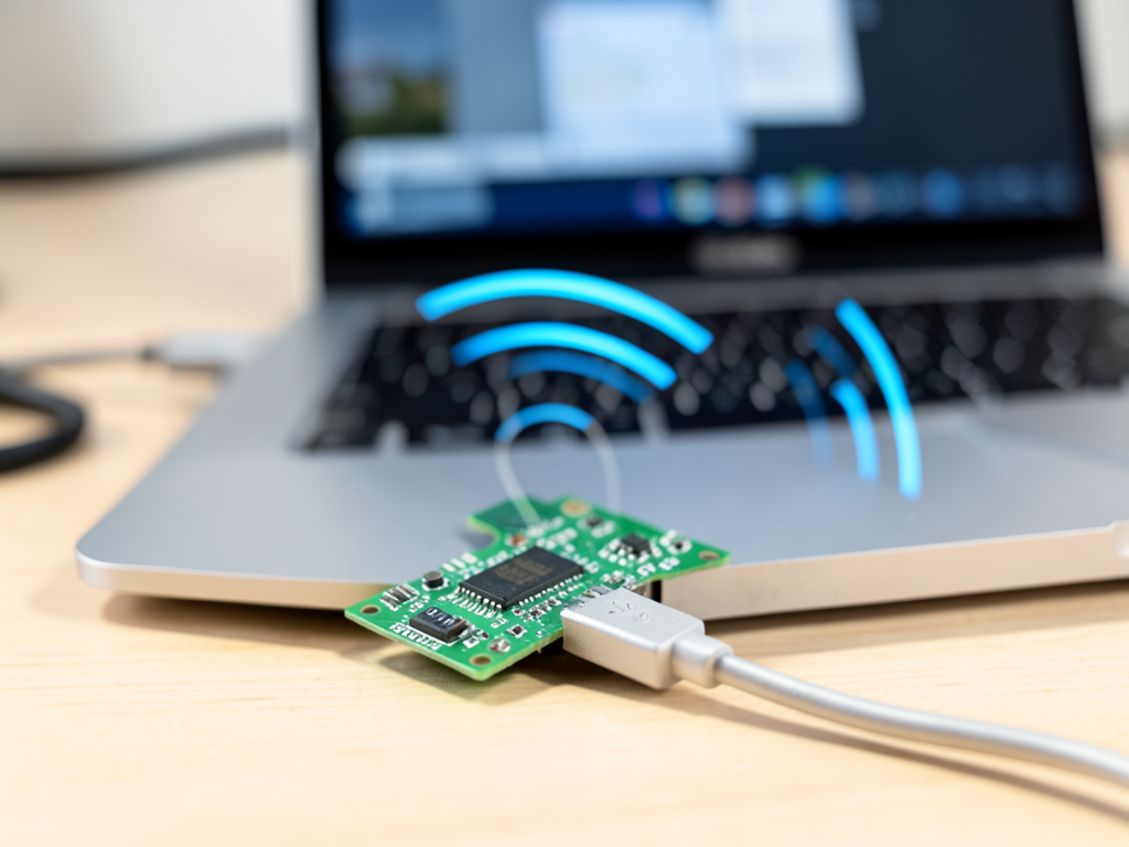 Raspberry Pi Pico W microcontroller board connected to a laptop via USB cable