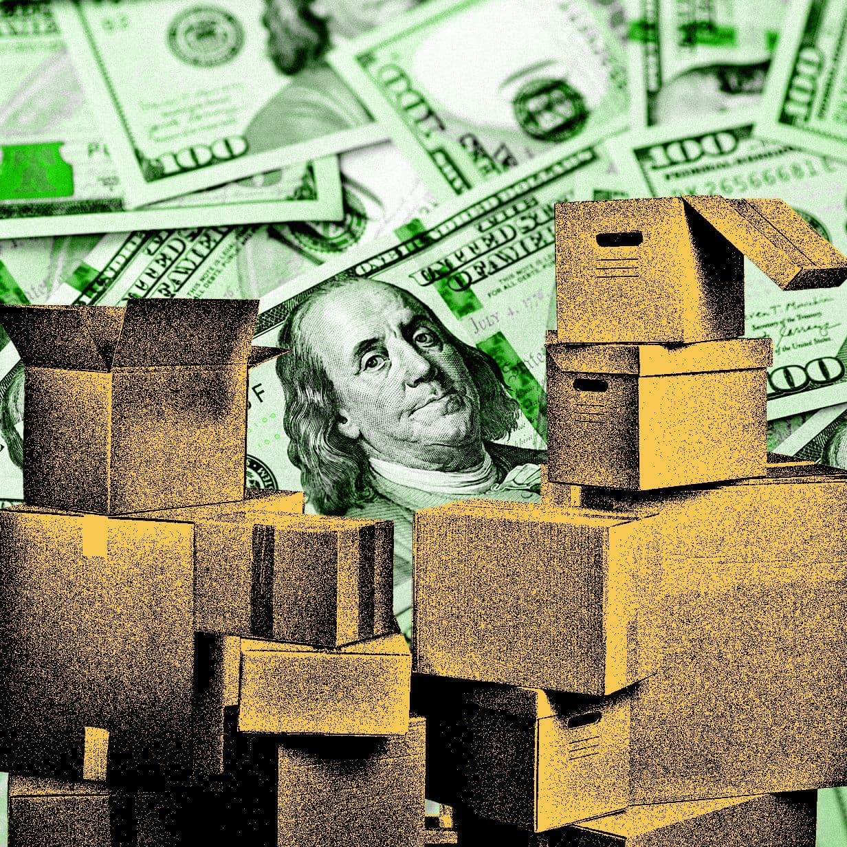 People sorting luxury product boxes at a reseller market