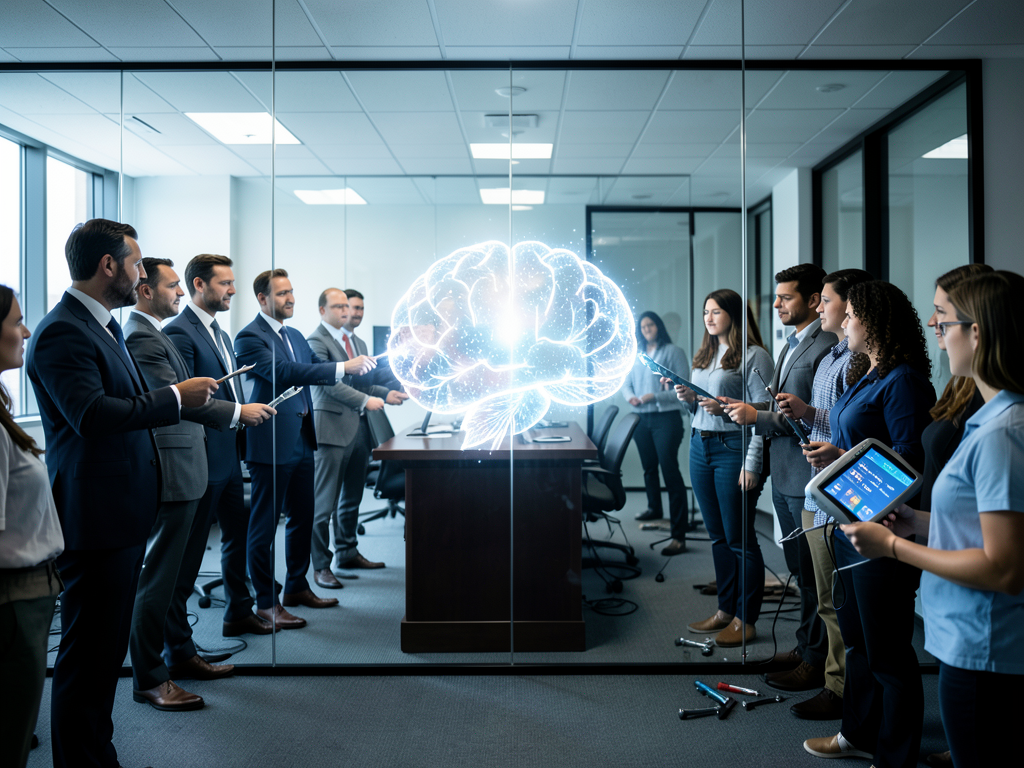 Debate over AI consciousness with tech company logos and legal scales