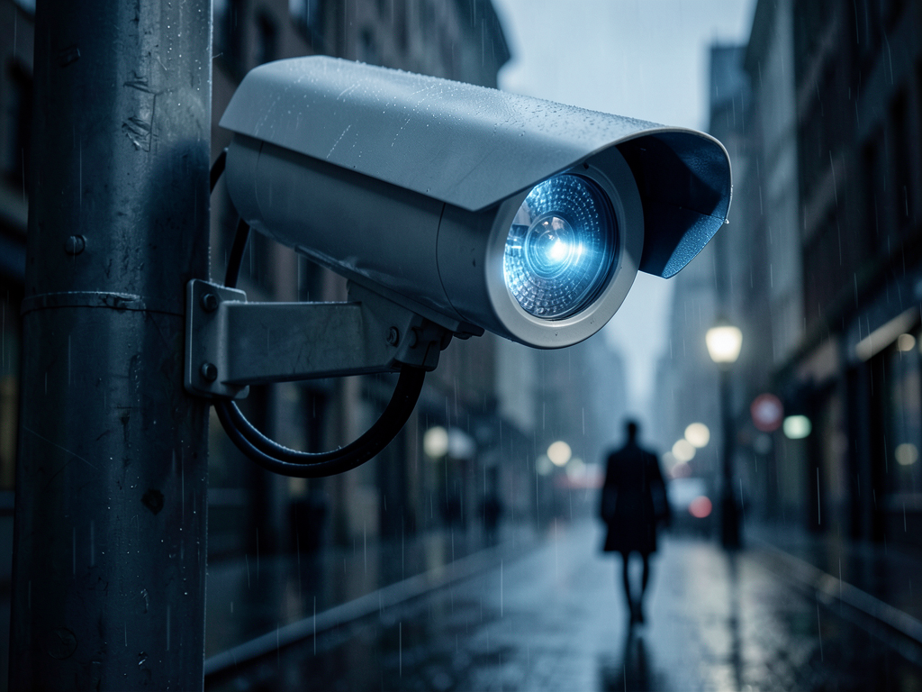 Automated license plate reader camera mounted on a street pole in an urban setting