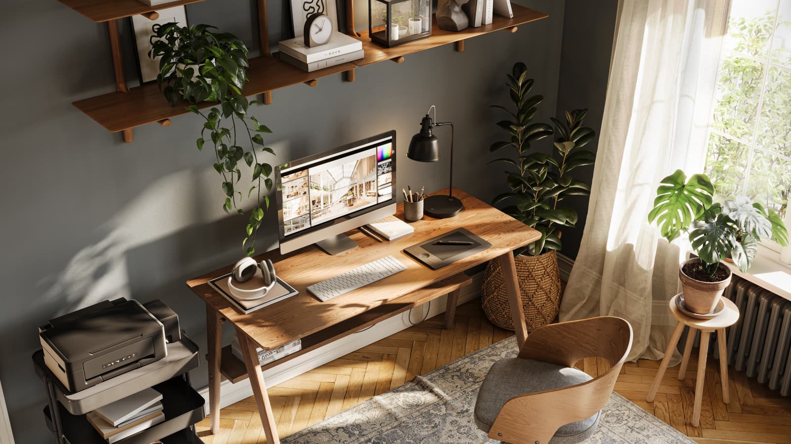 Office desk with mechanical keyboard, webcam and USB-C hub arranged neatly around a laptop and monitor