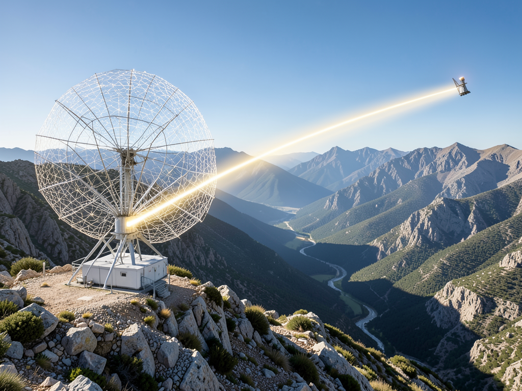 Focused microwave beam transmitting energy from a transmitter array to a rectenna receiver in a test field.