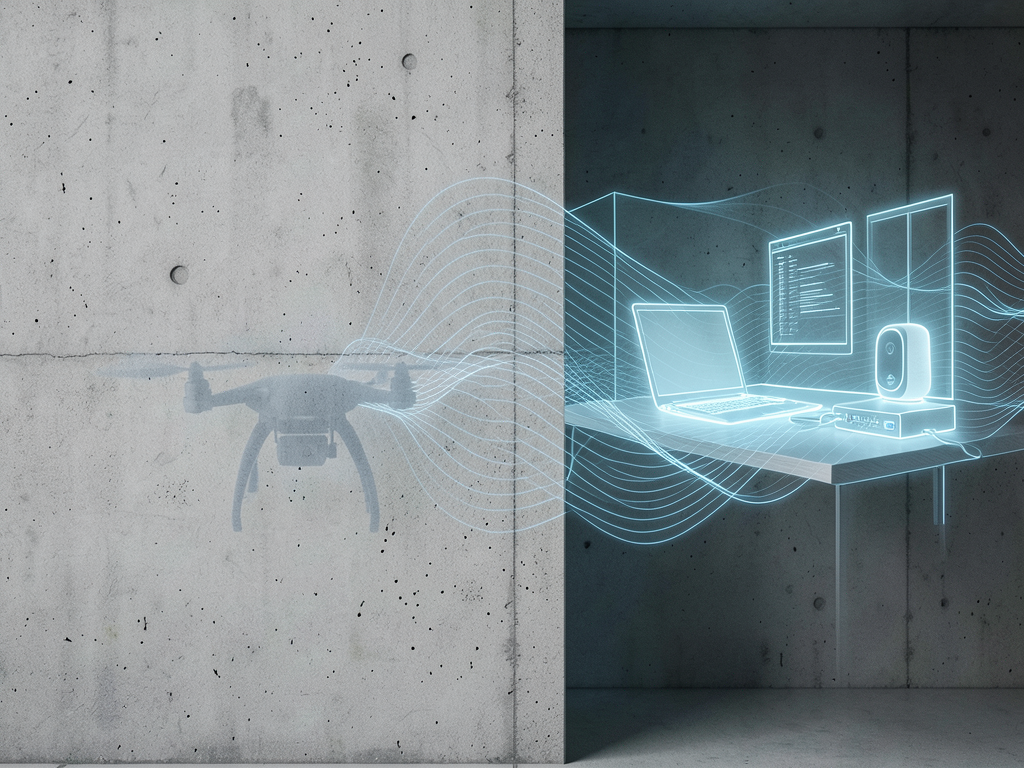 Abstract visualization of radio frequency waves penetrating a wall to detect a drone and WiFi signals