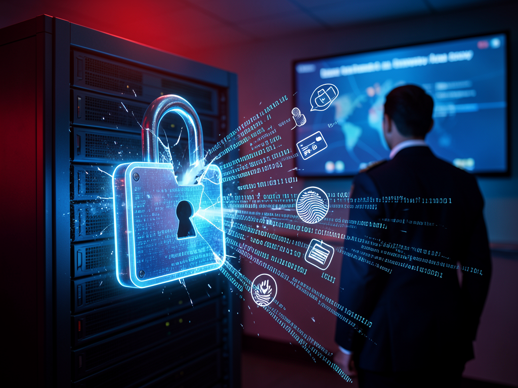 FBI headquarters building with cybersecurity breach concept illustration