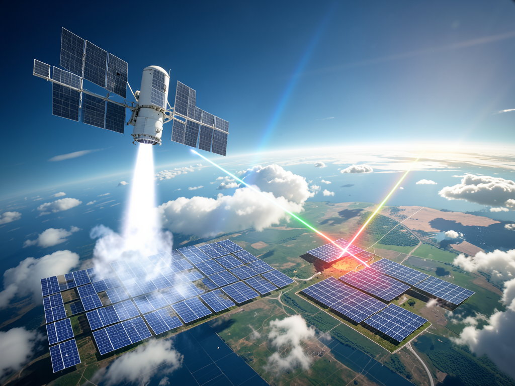 Illustration of a satellite beaming solar energy down to Earth using wireless transmission