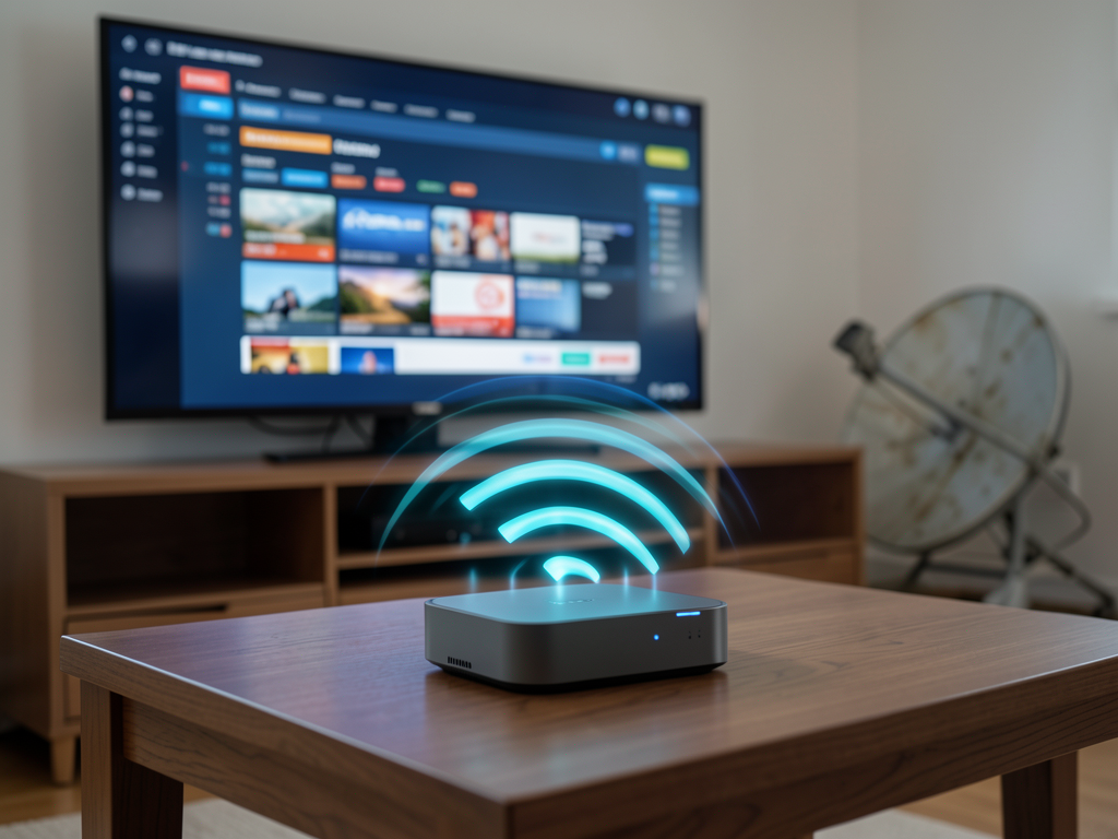 A modern living room setup showing a wireless TV streaming device connected to a flat-screen television
