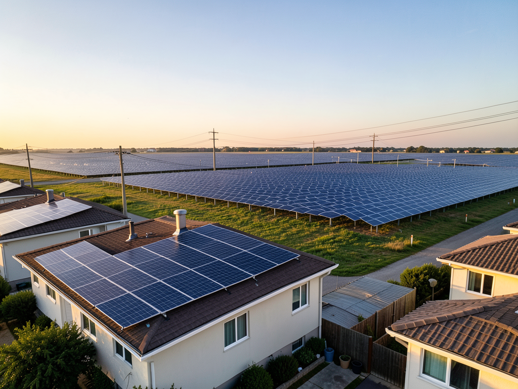 Rooftop solar panels on a residential home with a solar farm in the background under clear sky