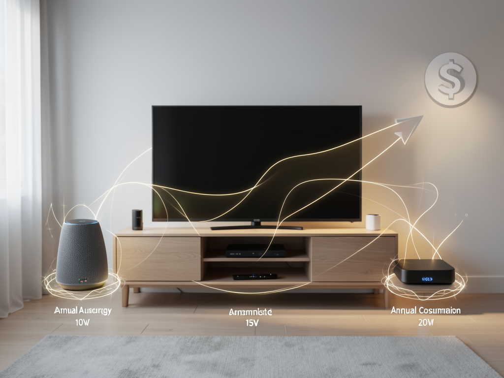 A modern living room with multiple electronic devices glowing softly in standby mode