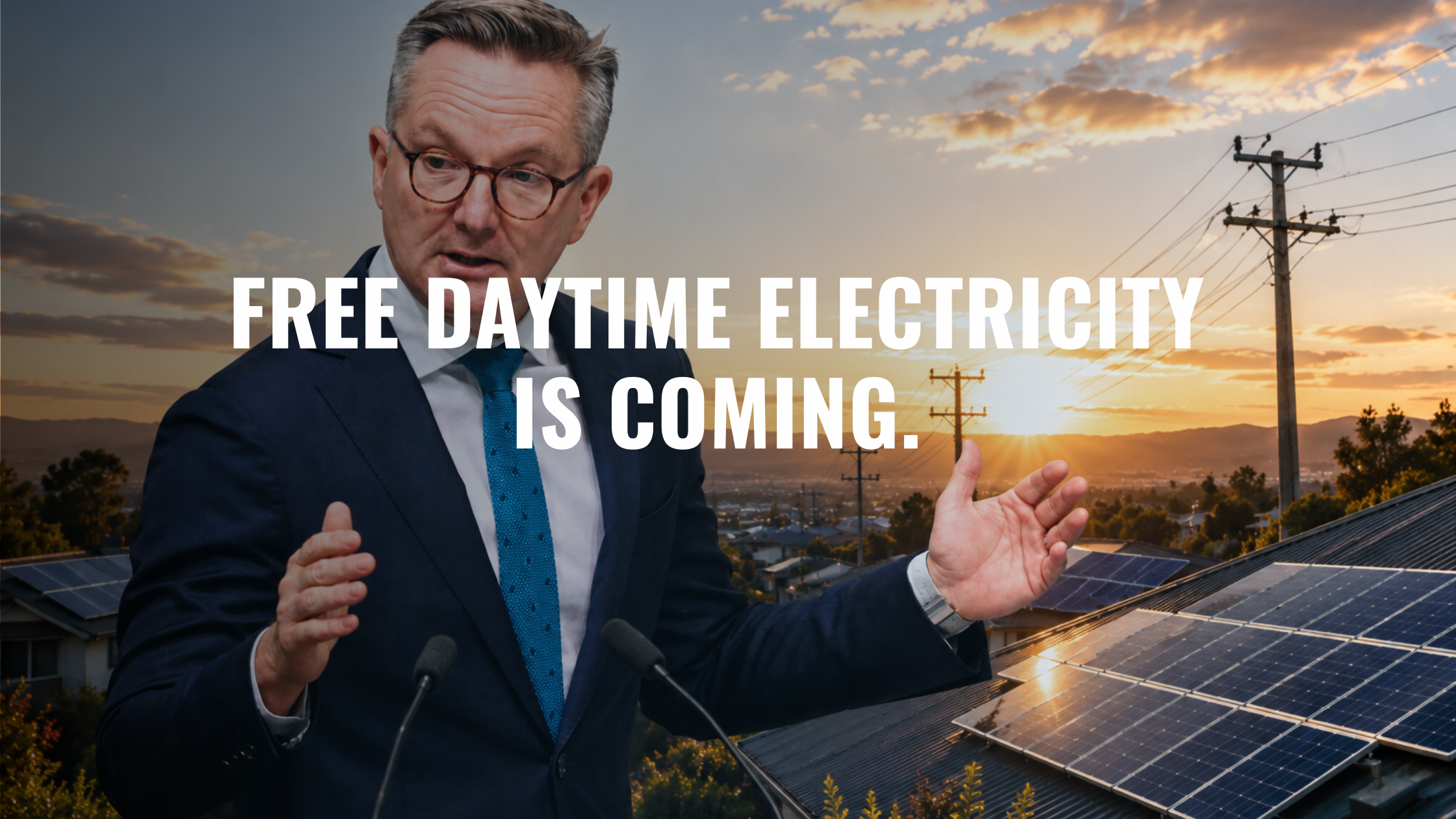Solar panels on residential rooftops under bright daylight, representing Australia's free daytime electricity program