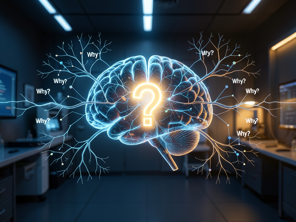AI model generating causal explanation with question marks and arrows showing reasoning path