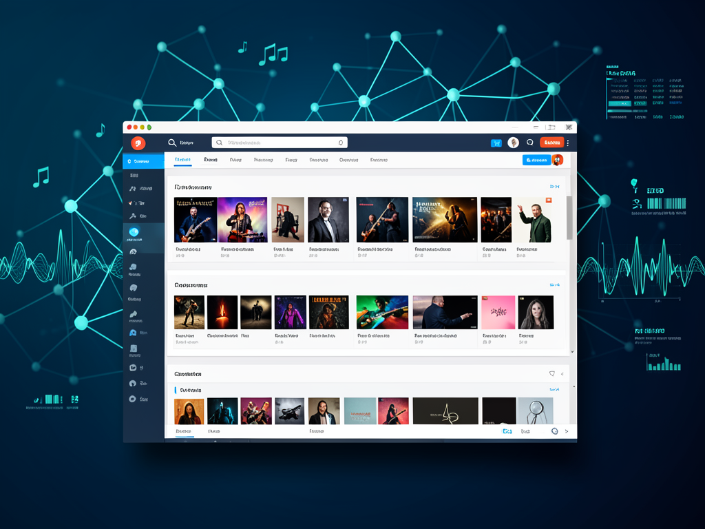 A smiling computer surrounded by floating musical notes representing artificial intelligence music generation