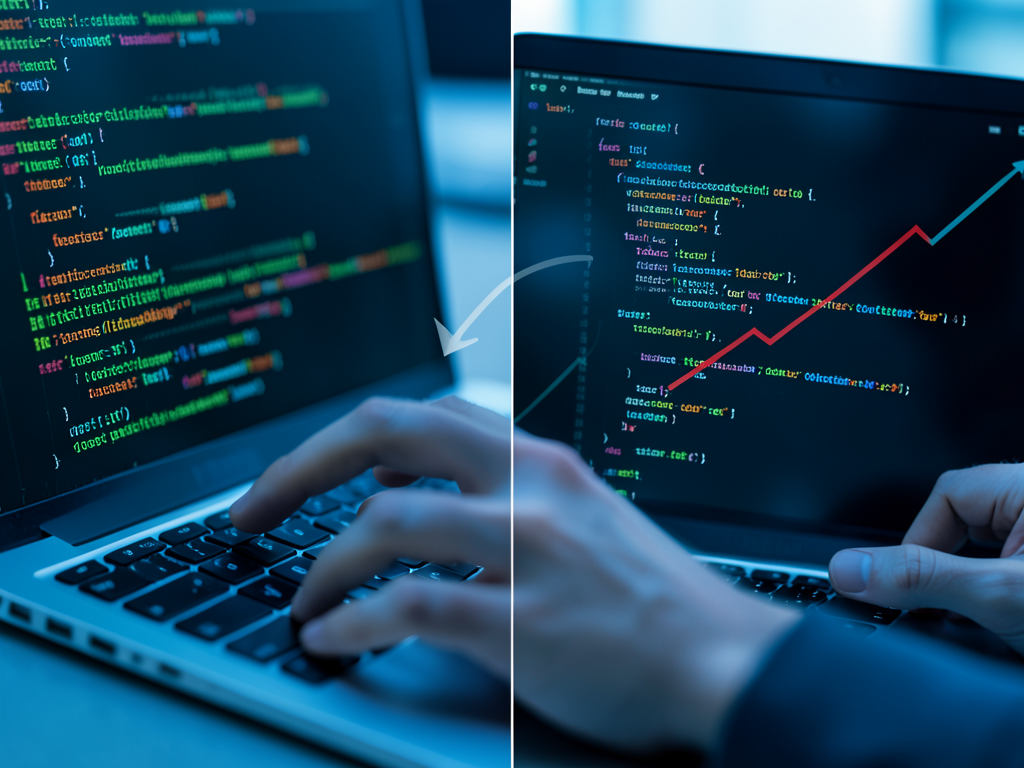Abstract visualization of code snippets transforming into token blocks with dollar signs, representing cost impact of code st