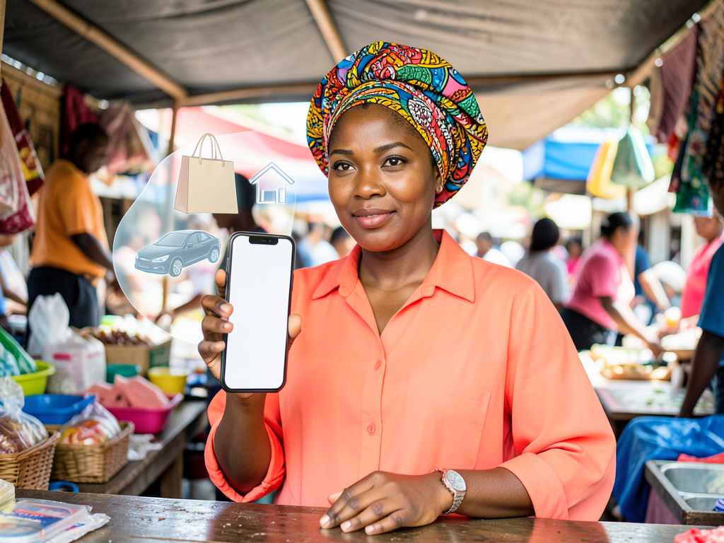 A smartphone displaying a super app interface with financial services icons, set against a backdrop of a bustling African mar