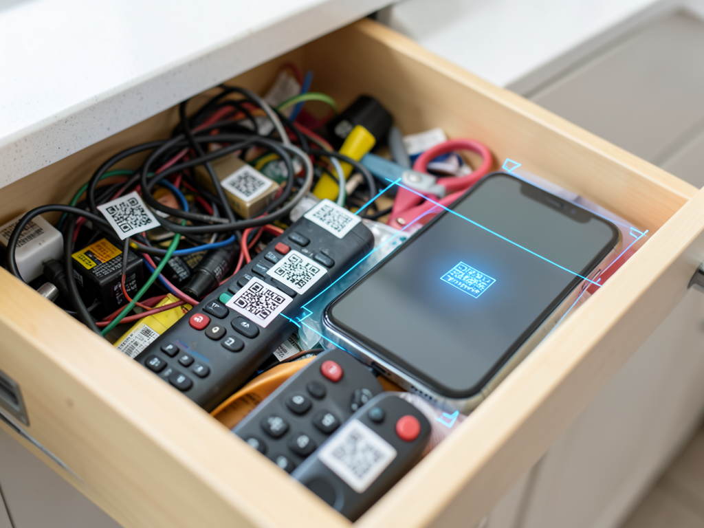 SmartLabels QR code stickers applied to various household items like cables and batteries