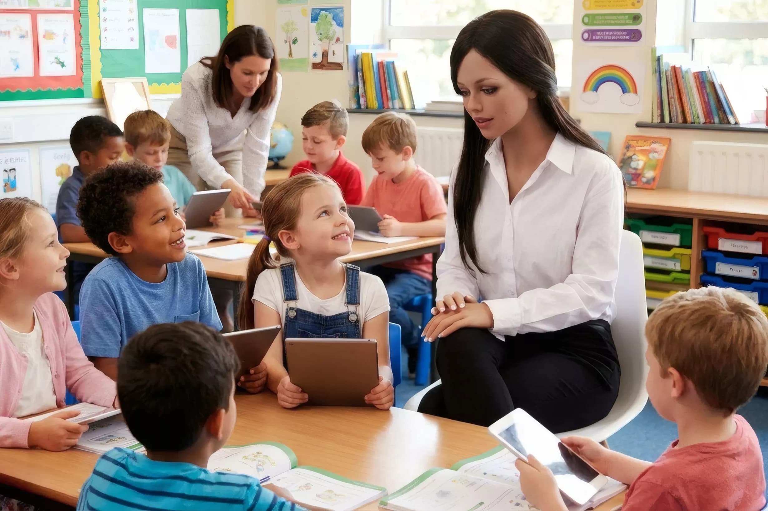 Humanoid robot named Sally standing in a classroom at a New York school on the Seneca Nation reservation
