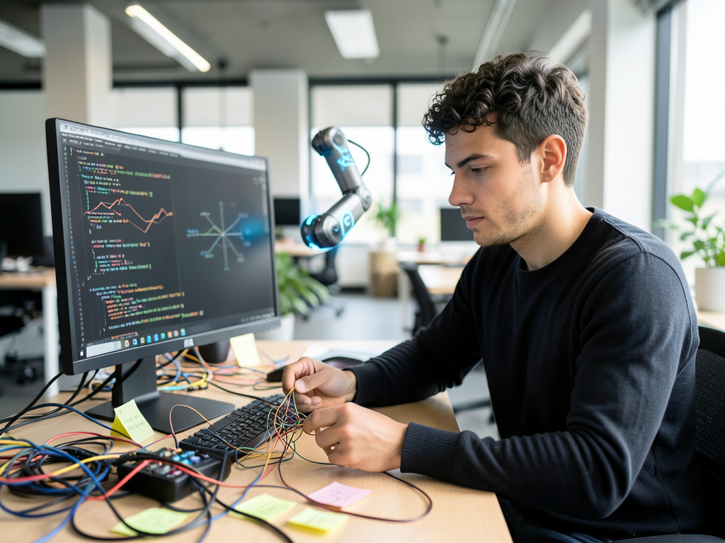 Close-up of a developer writing code on a laptop with AI chatbots visible in the background