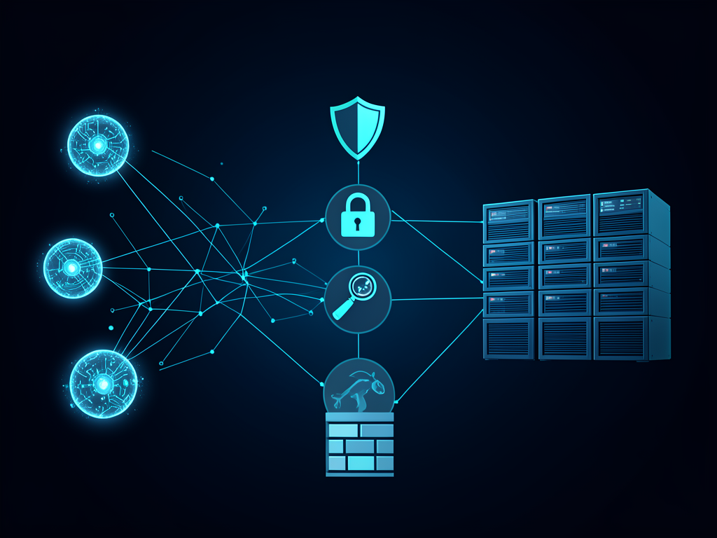 Abstract illustration of interconnected AI agents with security layers and M&A arrows